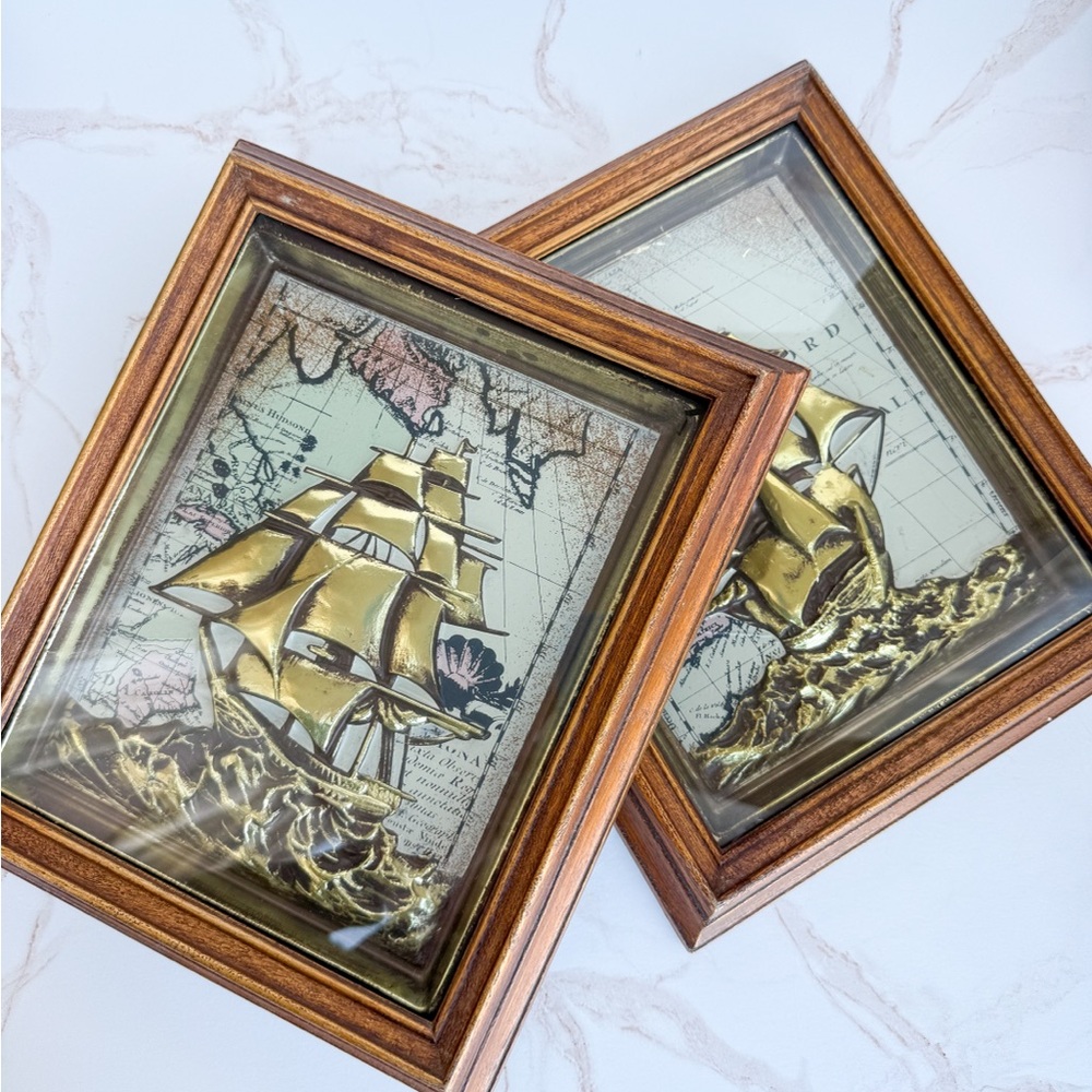 PAIR of Vintage Mid-Century MCM Nautical Wall Art - Framed 3-D Metal Ships
